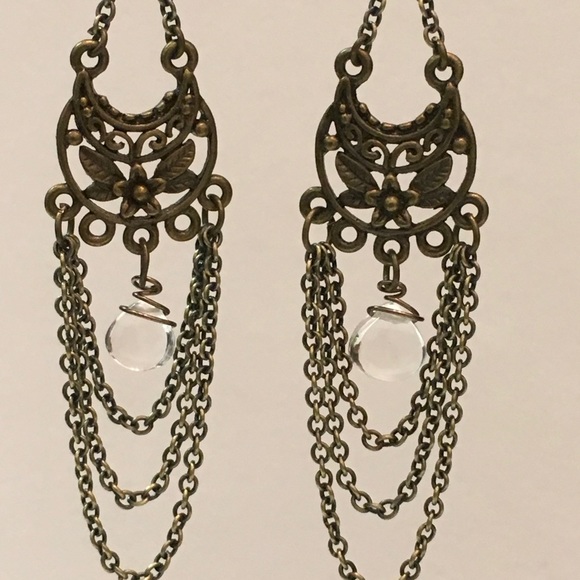 Clear Quartz and Brass Dangle/Chandelier Earrings - Picture 4 of 6